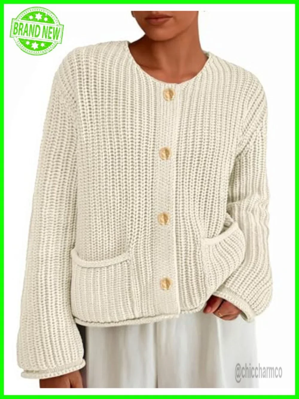 Oversized Chunky Knit Cardigan with Pockets Long Sleeve Crewneck Button Front